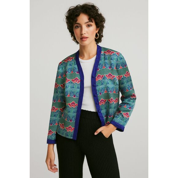 Adrianna Papell Silk Jacket Blazer Size 12 Multicolor Floral Geometric 100% Silk - Picture 1 of 9